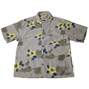 COCONUT PIER TOP IMAGE USA Men Medium Taupe Floral Microfiber Hawaiian Shirt EUC